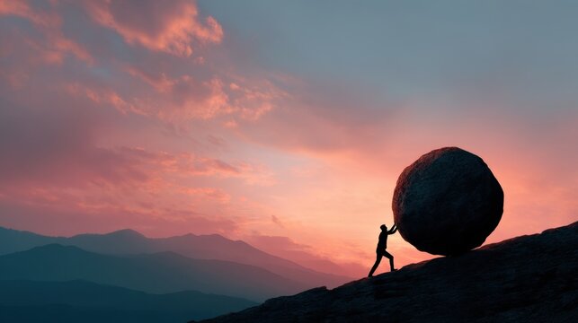 Man pushing a large stone up a hill at sunset. Concept of struggle, perseverance, and overcoming challenges for motivation.