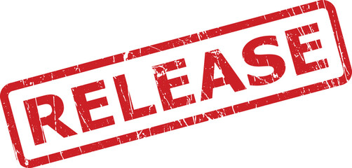 Vibrant red rubber stamp with a grunge effect displaying the word RELEASE on an isolated white surface
