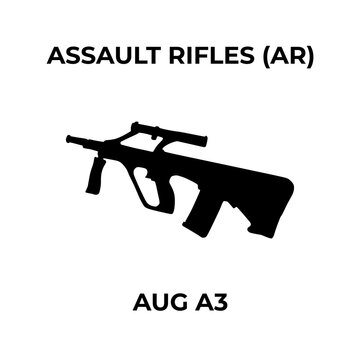 A black silhouette vector icon of a Steyr AUG A3 bullpup assault rifle on a white background.