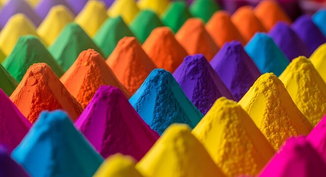 Colorful Holi powder cones arranged in rainbow rows, vibrant Indian festival gulal pigments background for celebration design, posters and banners