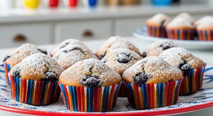 Platter of Blueberry Muffins with Powdered Sugar
