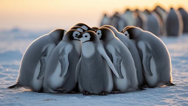 Emperor penguin chicks form a snug huddle on the icy Antarctic tundra, demonstrating a powerful natural survival instinct and communal warmth against the frigid environment at dawn