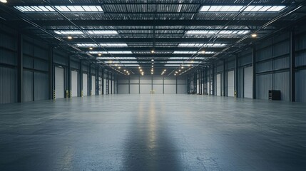 A large, empty warehouse with high ceilings and industrial lighting. The space is devoid of any objects or people, creating a stark, industrial atmosphere.