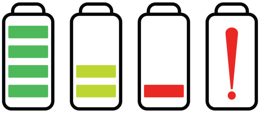 Four battery level indicators showing full low medium and critical charge states Keywords