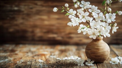 A wooden vase with a bouquet of white flowers on a rustic wooden table.