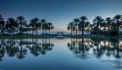Obraz premium Serene Dawn Reflection of Palm Trees over Tranquil Water