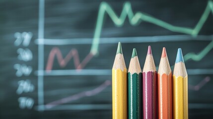 Five colored pencils on a blackboard with a graph in the background.