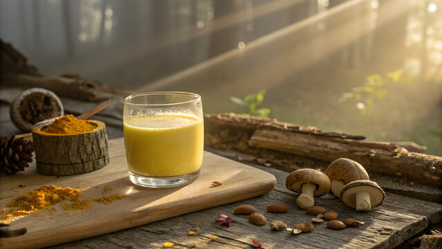 A glowing golden adaptogenic mushroom elixir in a minimalist glass tumbler, resting on weathered oak wood, soft morning sunlight streaming from the side, turmeric-like powder gently scattered, whole s