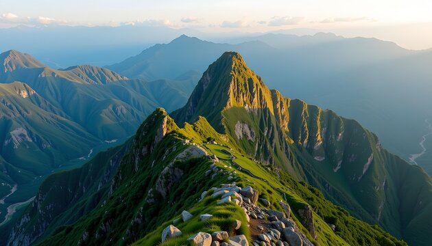 20260201184133list 203 a solitary, majestic mountain summit crowned with jagged rocks and lush emerald hued vegetation, glowing softly under the first light of day