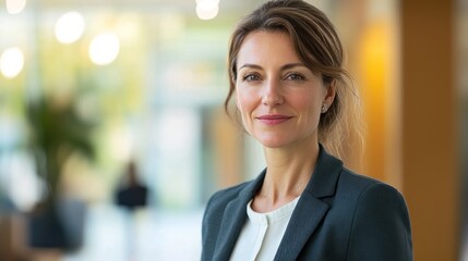 A professional woman in a suit standing in a modern office with a blurred background.
