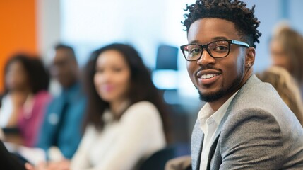 A young man in a suit and tie smiling at the camera in a conference room with a diverse group of people in the background.