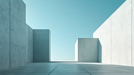 A minimalist concrete room with a blue sky and white walls.