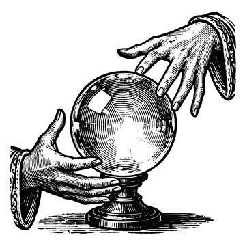 Hands holding crystal ball woodcut illustration, vintage engraving style for magic and fortune telling concept