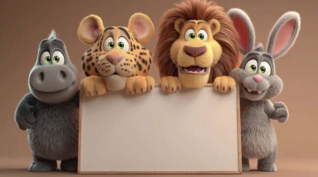 Cartoon Safari Animals Holding Sign 3D Render, Front View Studio, Waving and Smiling, Copy Space Background Animation