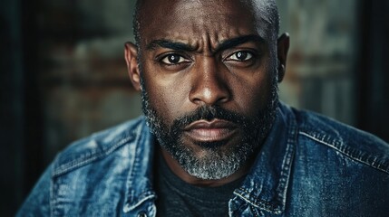 A man with a beard wearing a denim jacket, looking directly at the camera with a serious expression.