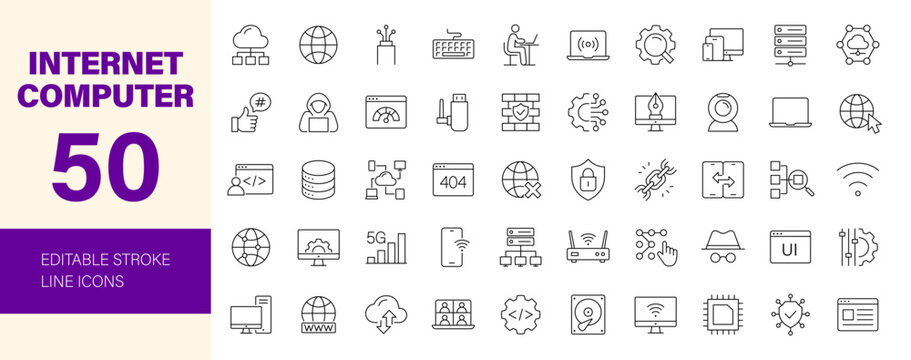 Internet computer icon set. Editable line icons. Vector illustration.