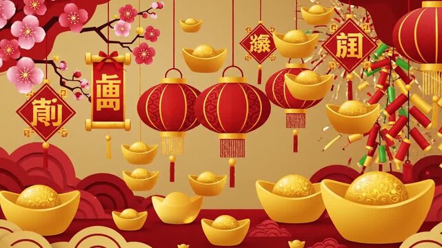 Festive Chinese New Year lanterns and golden ingot illustration