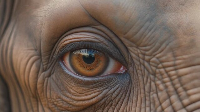 Close-up of a brown eye of a wrinkled animal, possibly an elephant, looking straight ahead, with a blurred background, suitable for educational or conservation use