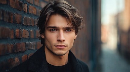 A young man with long, wavy hair standing against a brick wall in an urban setting.