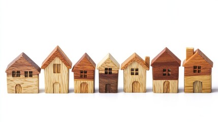 A row of wooden toy houses on a white background.