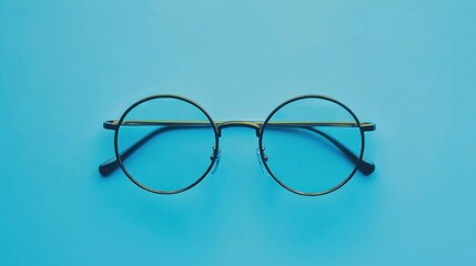 A pair of round, black-framed glasses with clear lenses on a blue background.