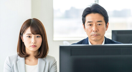 C画面を深刻な表情で見つめるビジネス男女。トラブル・悩み・課題・セキュリティ・真剣な打ち合わせ