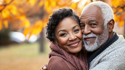 A smiling couple embracing in a park during autumn, with orange leaves in the background.