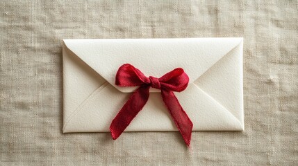 A white envelope with a red ribbon on a textured fabric background.