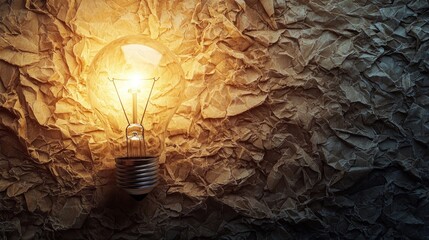 A light bulb emitting a warm glow on a crumpled paper background.
