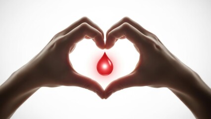 Fototapeta premium Two hands forming a heart shape with a red drop inside.