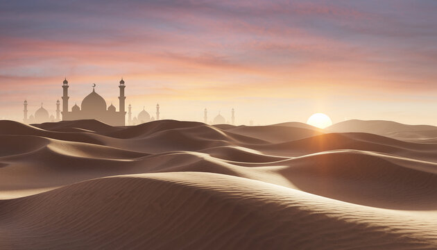 Desert sunset with mosque silhouettes, symbolizing spiritual journey in Islam