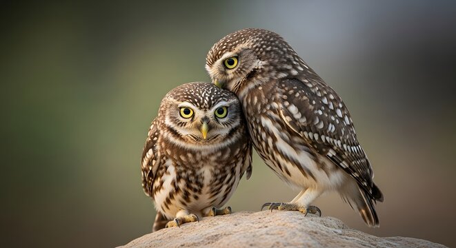 Two small owls perched on a rock looking cute and curious