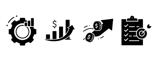 Financial growth icons: bar graph, arrow, coins, checklist
