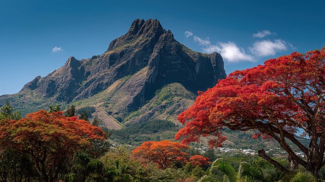 Majestic mountain landscapes of Mauritius with vibrant red flame trees , Mauritius, island, mountain, landscape.