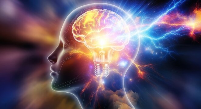 A human head with a glowing brain and lightning bolts emerging from it, set against a colorful, dynamic background.