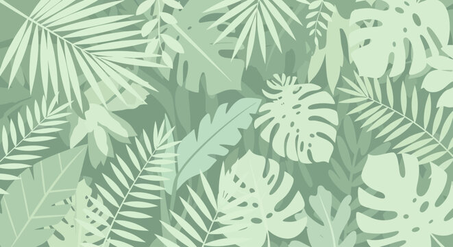 A vibrant illustration of various tropical leaves in shades of green, creating a dense jungle pattern.