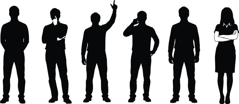 Collection of six standing human silhouettes in expressive poses, body language gestures, communication stances, vector illustration for design and analysis
