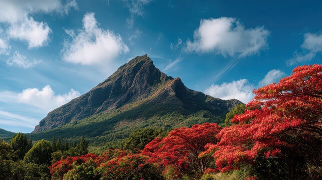 Majestic mountain landscapes of Mauritius with vibrant red flame trees , Mauritius, island, mountain, landscape.
