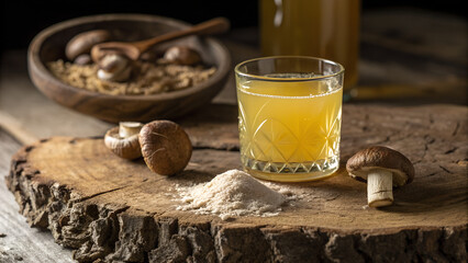 Modern clear glass filled with radiant golden mushroom elixir, placed on cracked rustic wood, surrounded by raw shiitake mushrooms and finely milled adaptogenic powder, moody low-key lighting with amb