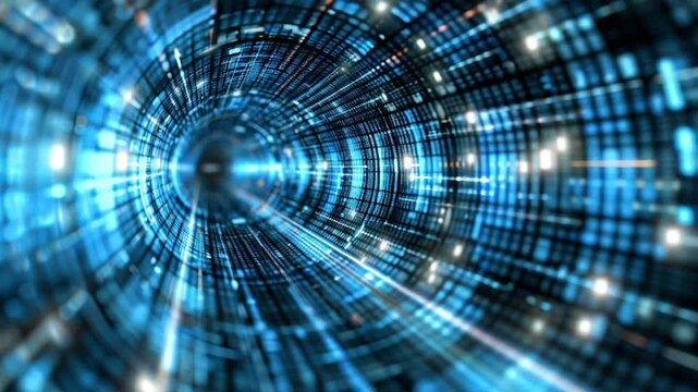 Futuristic digital data tunnel with blue technology grid animation loop