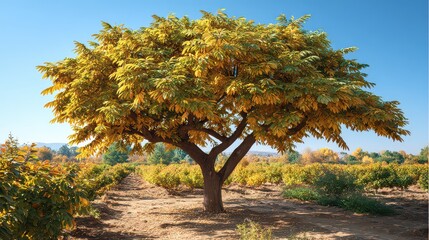 Fototapeta premium Majestic Walnut Tree: A towering walnut tree in the midst of a golden autumn landscape, its lush green leaves turning vibrant shades of yellow and orange.
