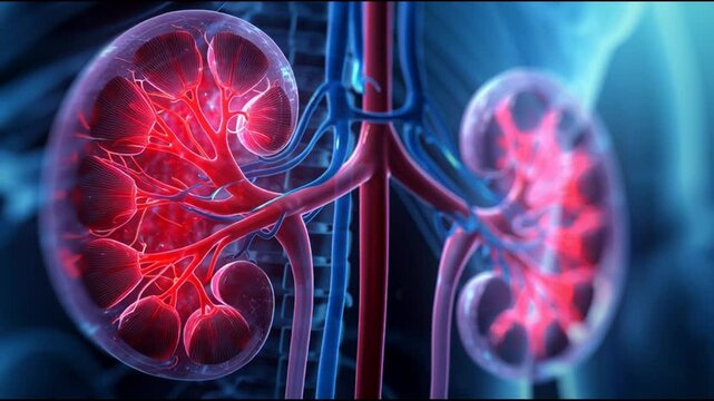 3D render of human kidneys with blood vessels and ureters, glowing red and pink, medical illustration for anatomy or healthcare, educational or presentation use