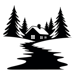 Obraz premium Winter landscape with small house among pine trees and flowing river black white graphic design snowy forest scene tranquil nature illustration