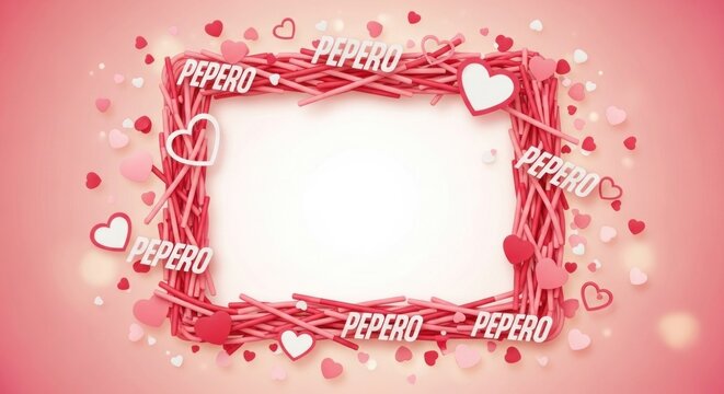 A pink and white frame with hearts and the word 'Pepero' on it.