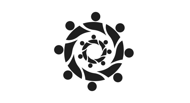 Dynamic black icon of stylized people in a spiraling circular formation, symbolizing unity and interconnected teamwork on an isolated white background.
