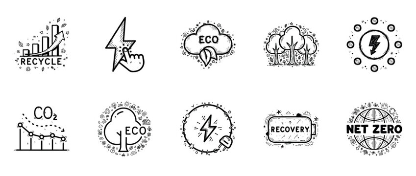 Eco-friendly icons: recycle, sustainability, co2 reduction, renewable energy, net zero