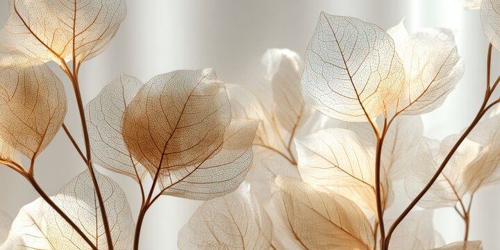 Delicate, translucent leaves with intricate veins, against a soft beige and white backdrop