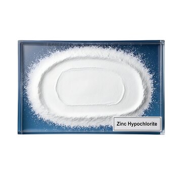 A container of white zinc hypochlorite powder on a blue background