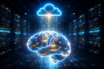 AI Brain Connected to Cloud Network in Server Room