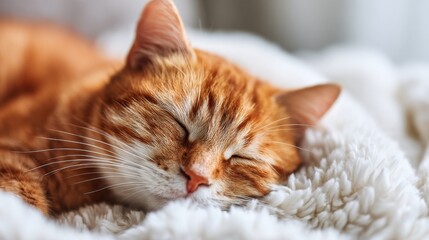 Naklejka premium Peaceful sleeping ginger cat on fluffy blanket.
